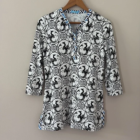 J McLaughlin Tunic Top Catalina Cloth Black White Phoenix Print 3/4 Sleeve Sz M - Picture 10 of 11
